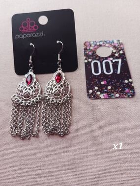 paparazzi Silver Tassel Earrings with Red Gemstone Accent